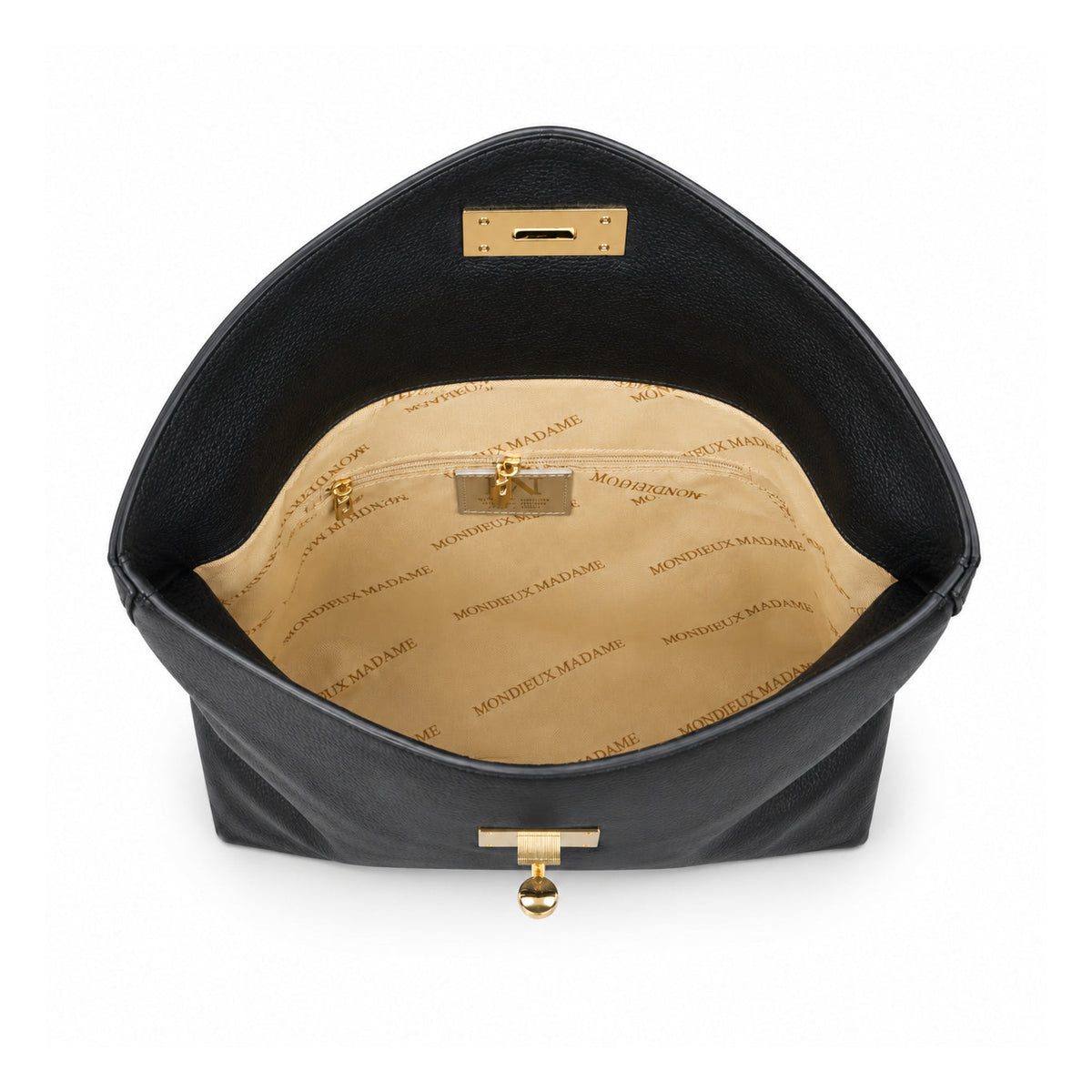 Mondieux Madame Leona leather bag, open view showing the printed lining and internal zip pocket.