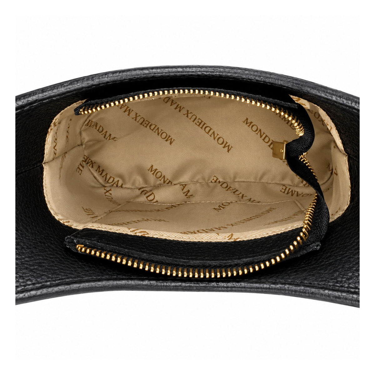 Mondieux Madame Mademoiselle leather bag, close-up of the open zipper and printed lining.