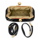 Mondieux Madame Mistery XS leather frame clutch, open view showing the printed lining and two straps.