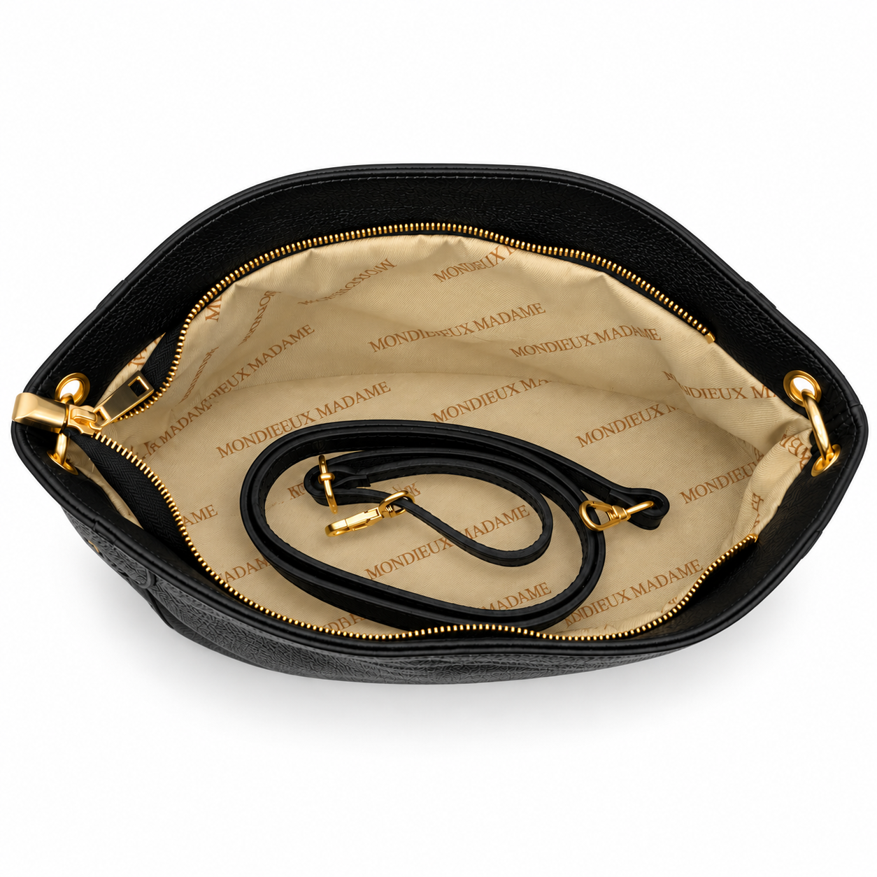 Mondieux Madame Roxy black leather bag, open top view showing cream printed lining and detachable strap.