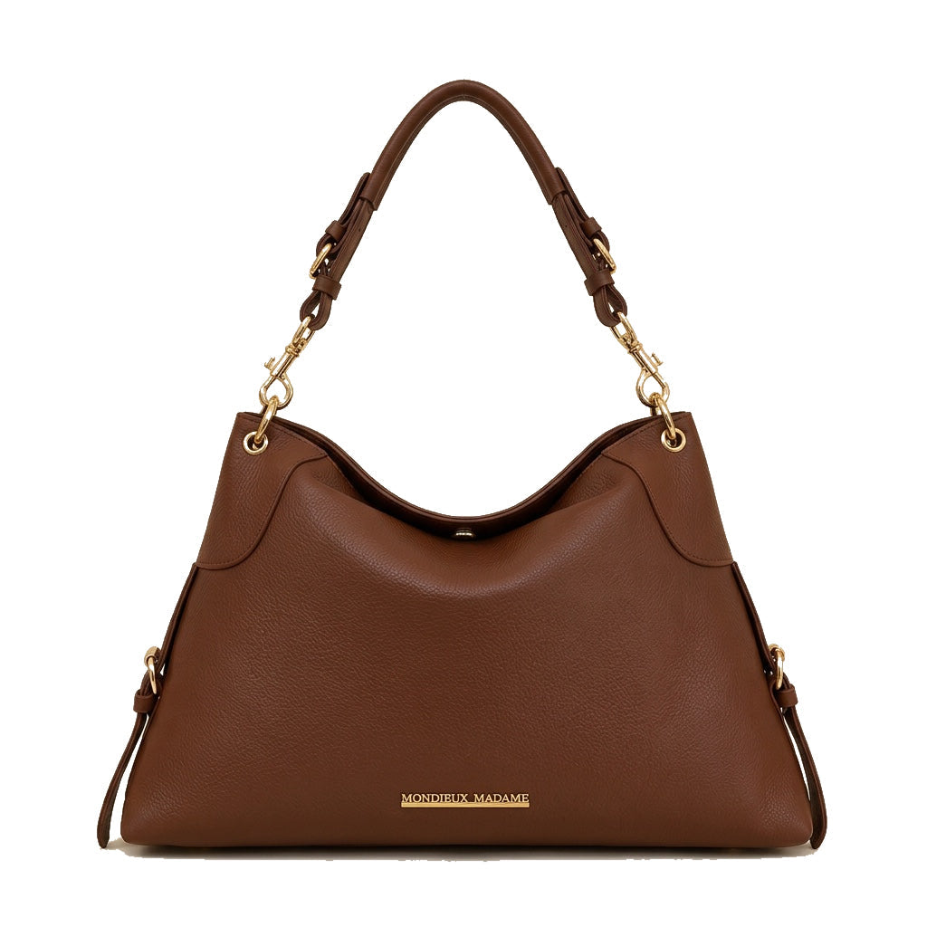 Mondieux Madame Roxy leather shoulder bag in Choco au Lait brown, with short handle visible.