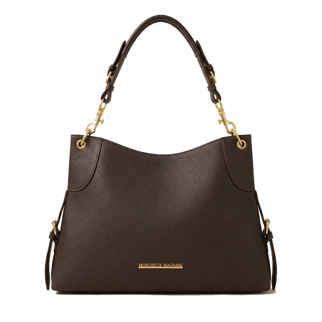 Mondieux Madame Roxy leather shoulder bag in dark brown, with short handle visible.
