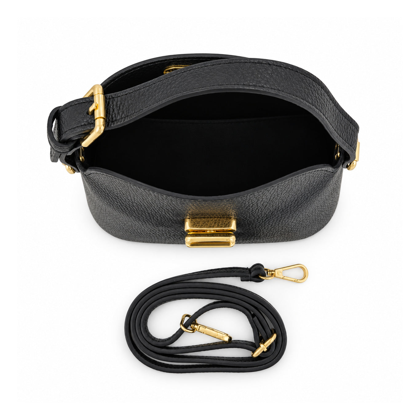 Mondieux Madame Sammy leather handbag, open view with dark interior and detachable strap.