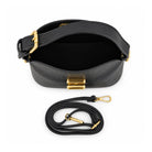 Mondieux Madame Sammy leather handbag, open view with dark interior and detachable strap.
