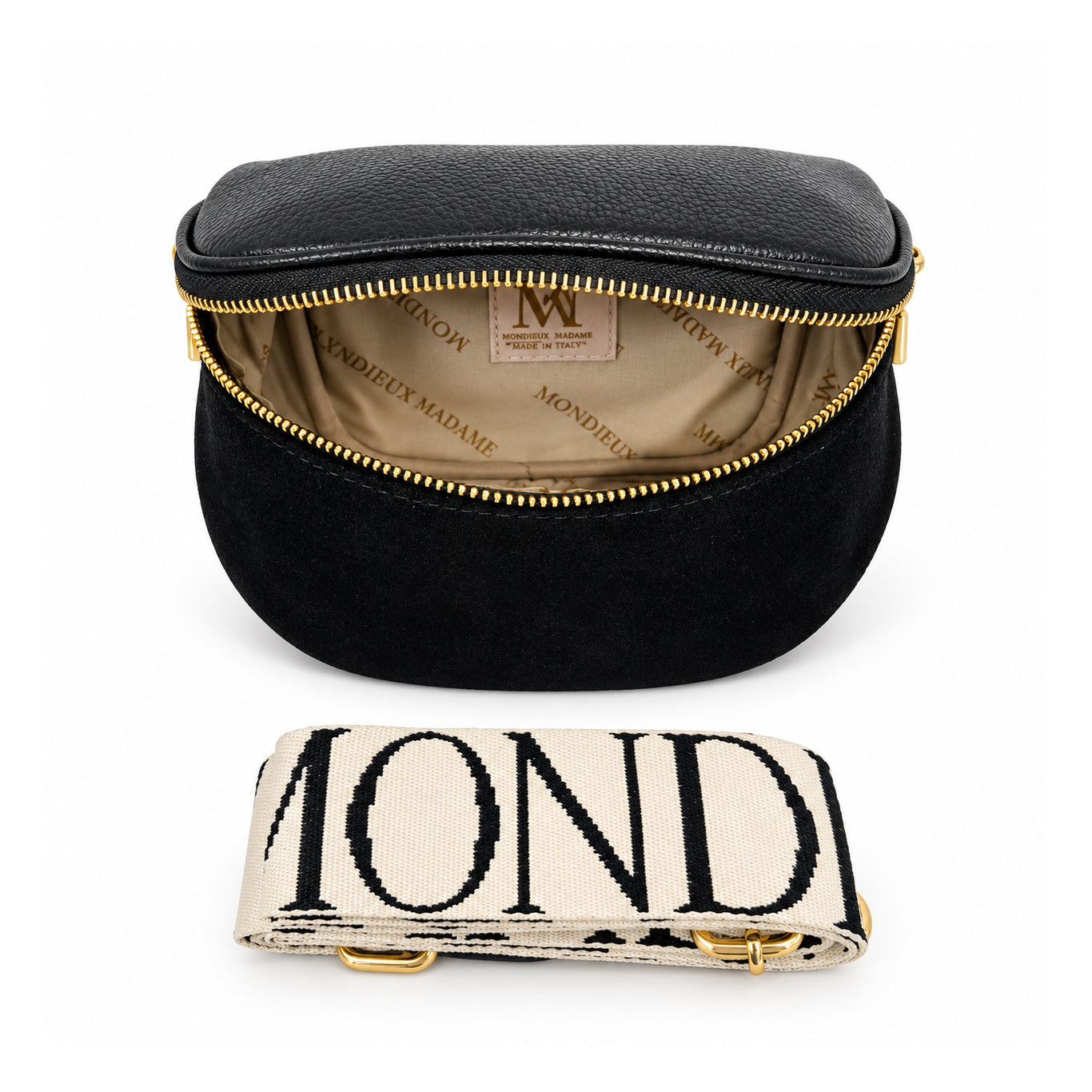 Mondieux Madame Sergio leather and suede belt bag, open view with printed lining and jacquard strap.