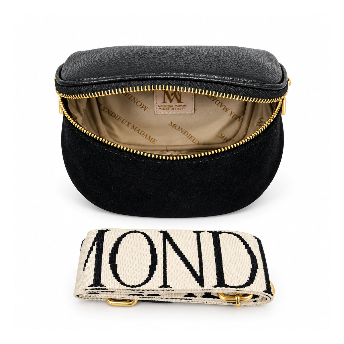 Mondieux Madame Sergio leather and suede belt bag, open view with printed lining and jacquard strap.