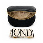 Mondieux Madame Sergio leather and suede belt bag, open view with printed lining and jacquard strap.