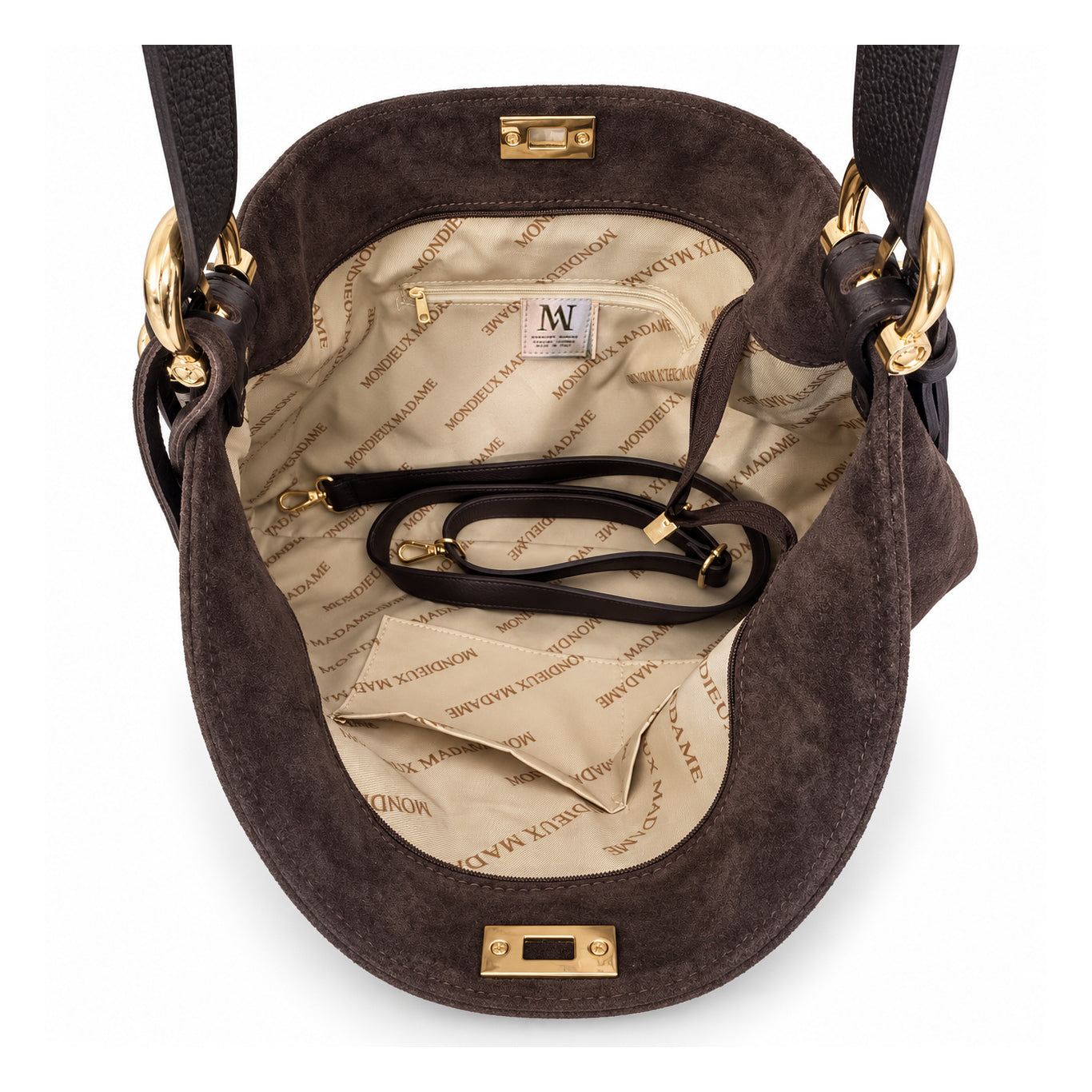 Mondieux Madame Smile suede bag, open view showing the printed lining, inner pockets and detachable strap.