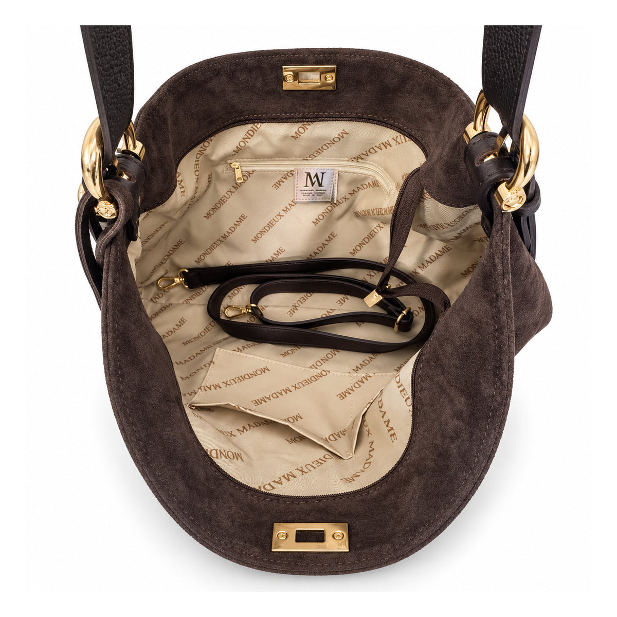 Mondieux Madame Smile suede bag, open view showing the printed lining, inner pockets and detachable strap.