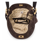Mondieux Madame Smile suede bag, open view showing the printed lining, inner pockets and detachable strap.
