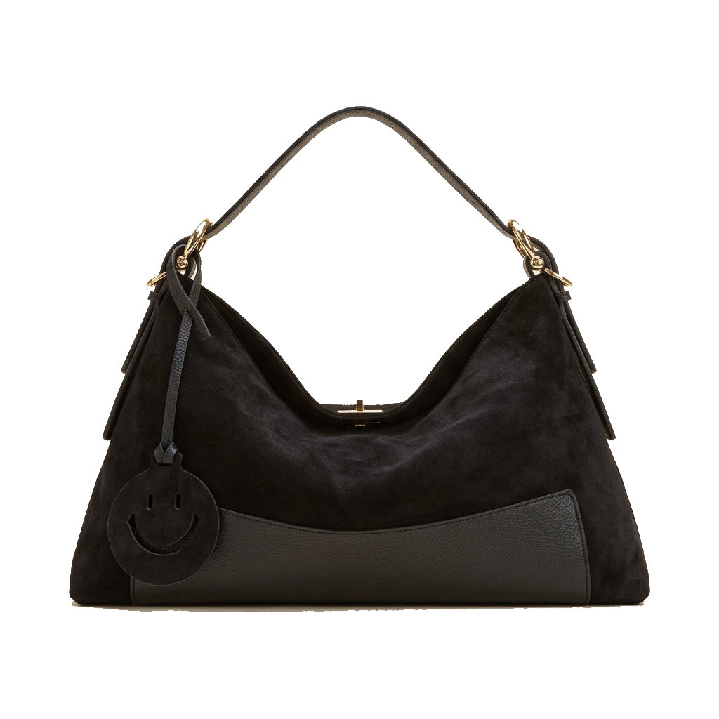 Mondieux Madame Smile suede bag in black, still product view