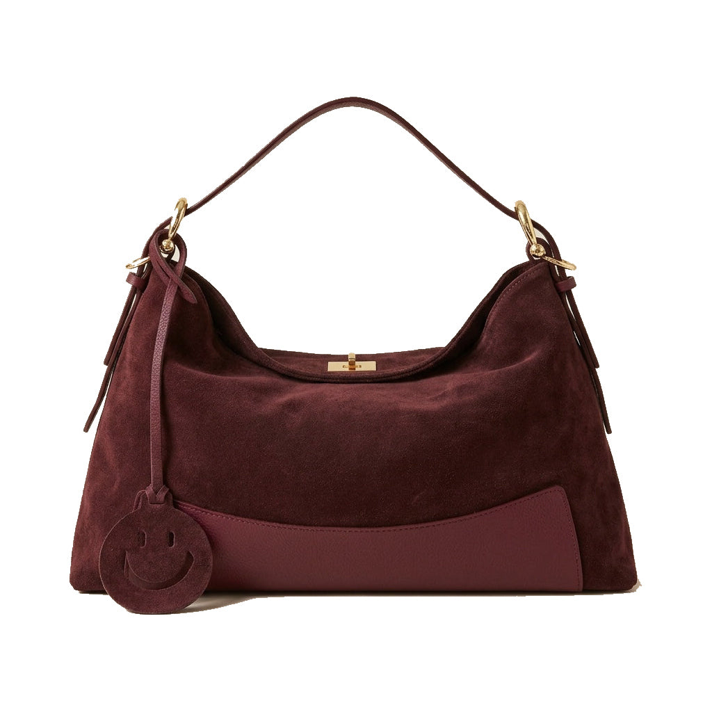 Mondieux Madame Smile suede bag in bordeaux, still product view