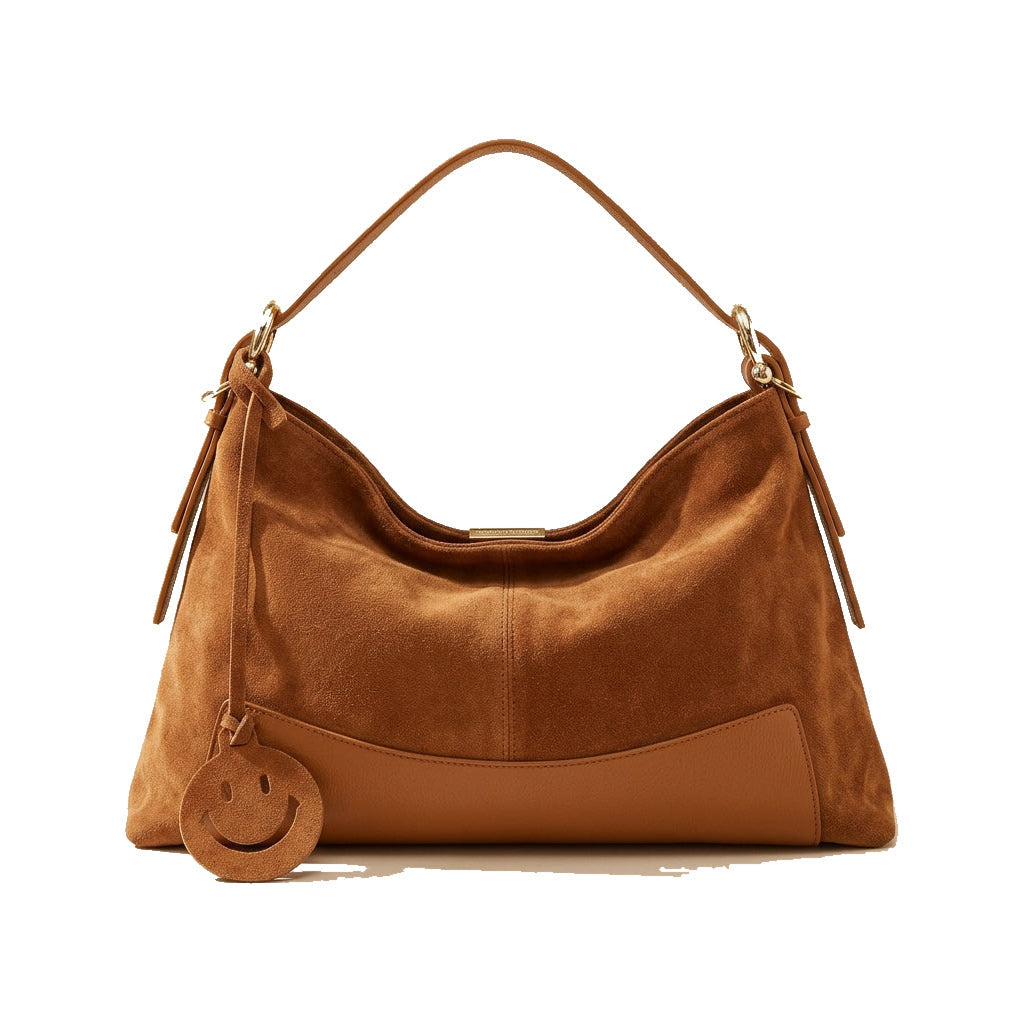 Mondieux Madame Smile suede bag in camel, still product view