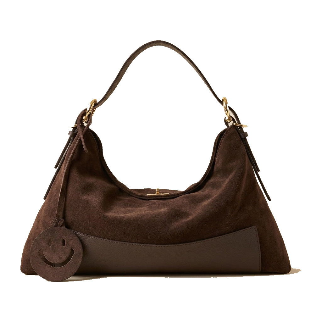 Mondieux Madame Smile suede bag in dark choco, still product view
