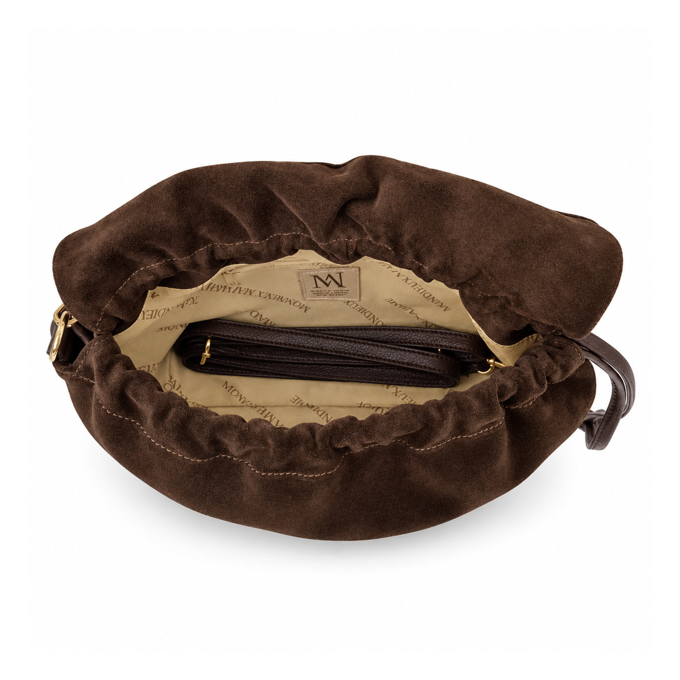 Mondieux Madame Stella suede bag, open view showing the printed lining and detachable strap.