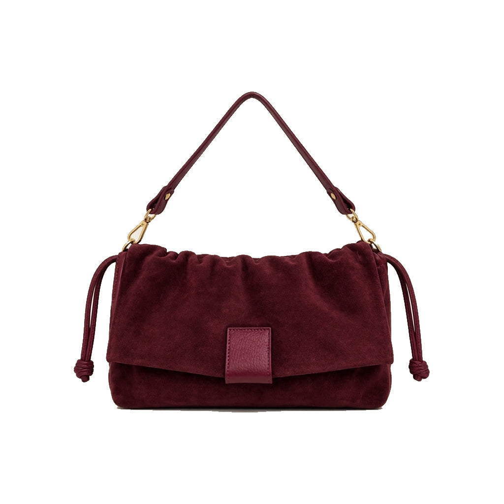 Mondieux Madame Stella suede bag in bordeaux, still product view