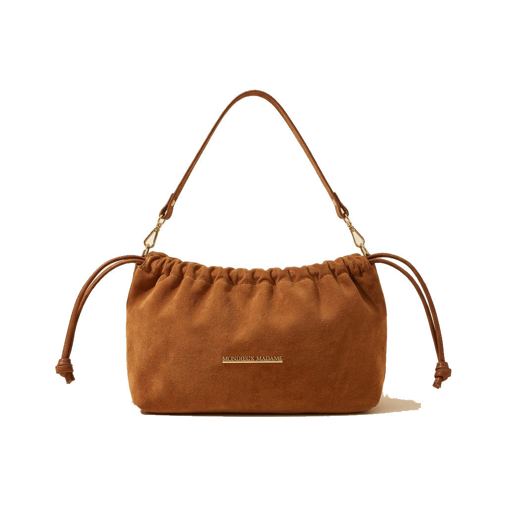Mondieux Madame Stella suede bag in camel, still product view