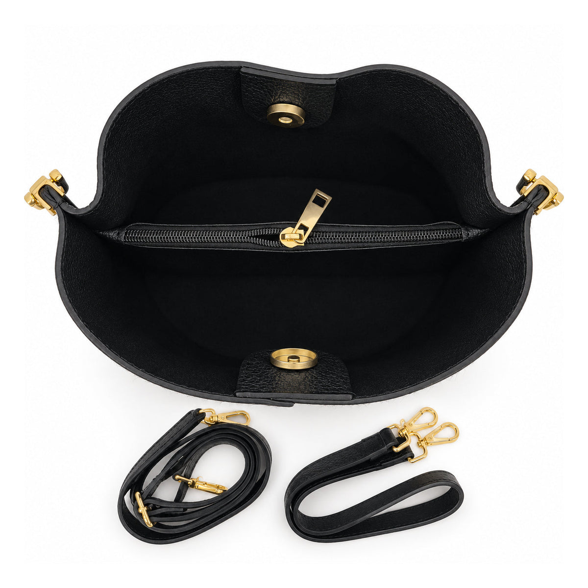 Mondieux Madame Tatie Cow leather bucket bag, open view showing the dark interior, central zipper and straps.